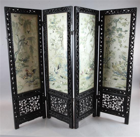 A Chinese Hundred Birds embroidered four-fold screen, early 20th century